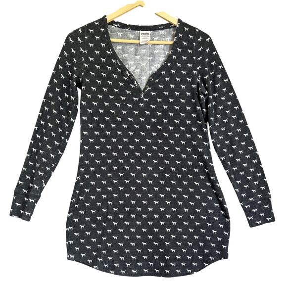 Victoria Secret Sleep Shirt XS Grey Dog Print Waffle Henley PINK Bling Sequins - Picture 2 of 12